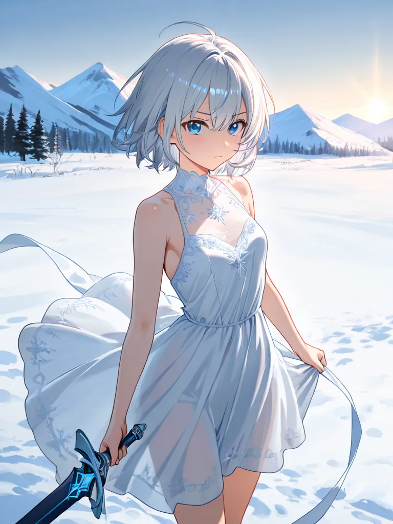 grandfather insider girl on a white background dressed in a white dress against the background of mountains of snow stockings translucent 18-year-old sword in hand 