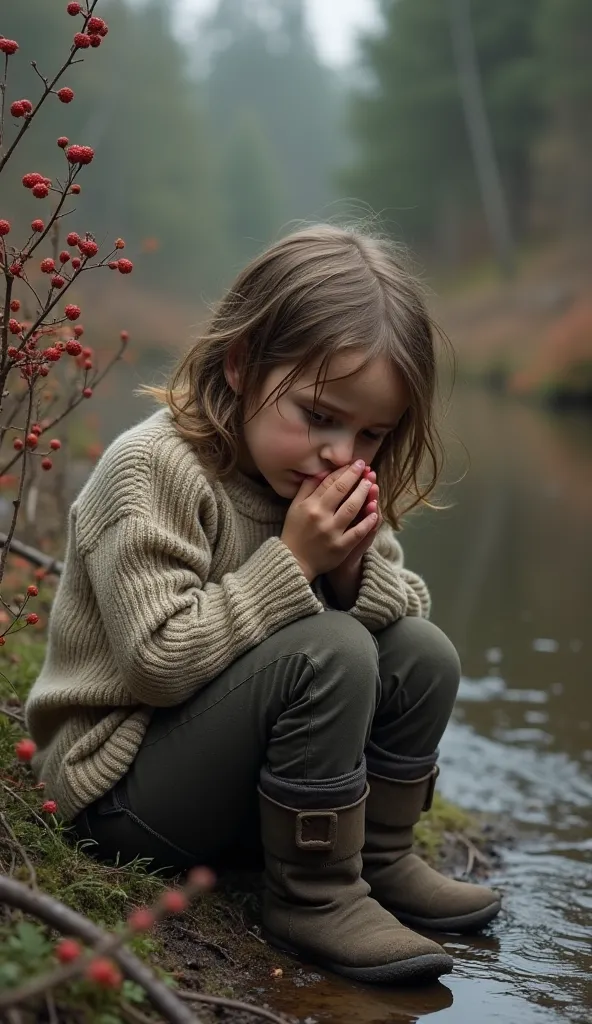 small girl sitting near a riverbank in the forest, cupping her hands to drink cold water. Around her, wild berries grow on bushes. She looks tired, hungry, and cold, wearing a torn sweater. Her face is slightly dirty but determined to survive