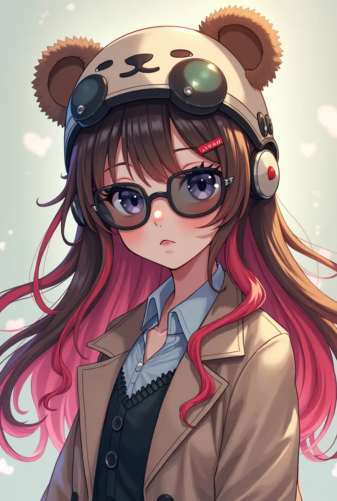 Anime girl with bear helmet, red pink highlights on brunette hair, wearing sun glasses 