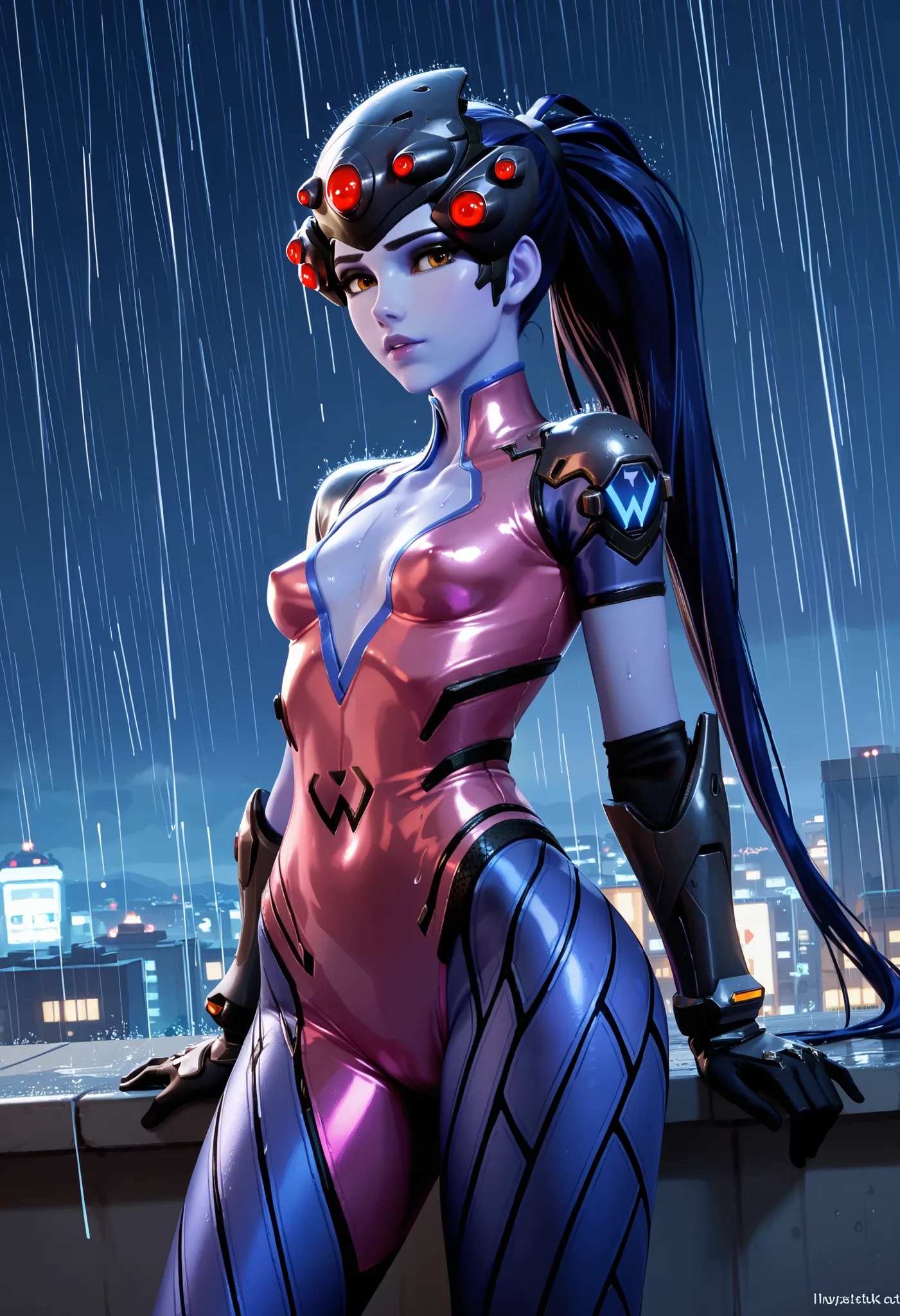 Masterpiece, 8k quality, extremely detailed, Overwatch, widowmaker, small breasts, widowmaker outfit, rooftop, rain, night time