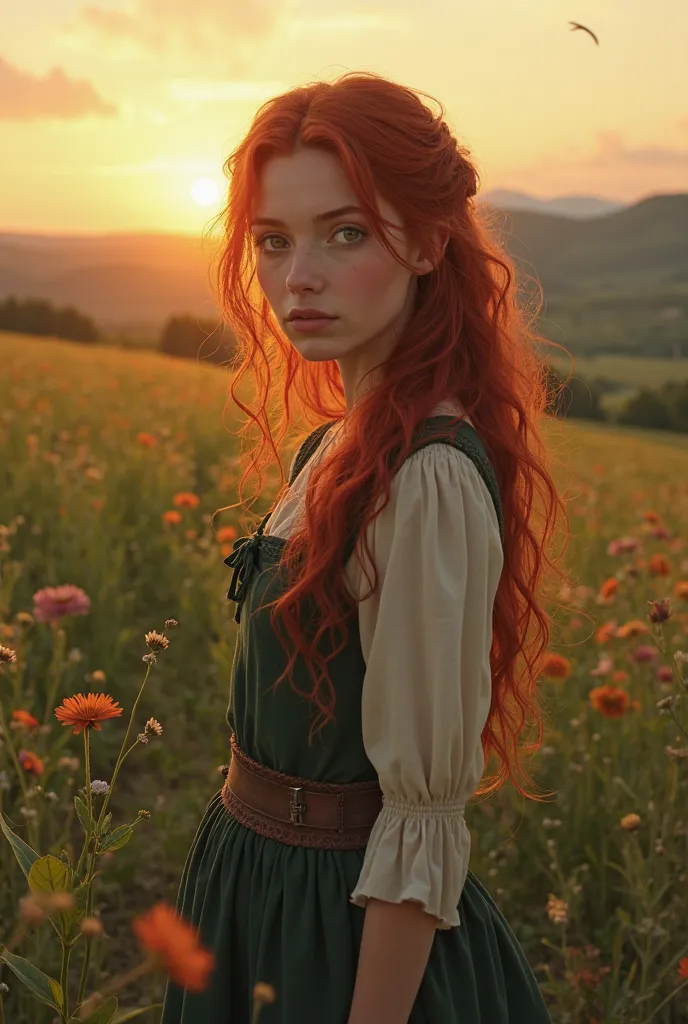 A field at dusk. A 19-year-old young woman. with red hair Big wavy. Loose hair. Dressing as an Irish peasant. Her soft, brown skin.  brown eyes . on the back.