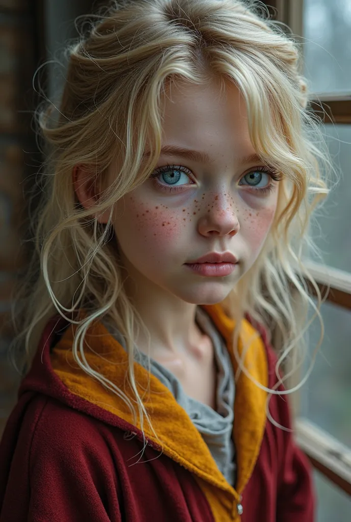  A girl with blonde hair and blue eyes .  She has a very long , deep black eyelashes around her eyes and very few light brown freckles. She wears one from Hogwarts in red Gryffindor colors. Her eyelashes line her big eyes.