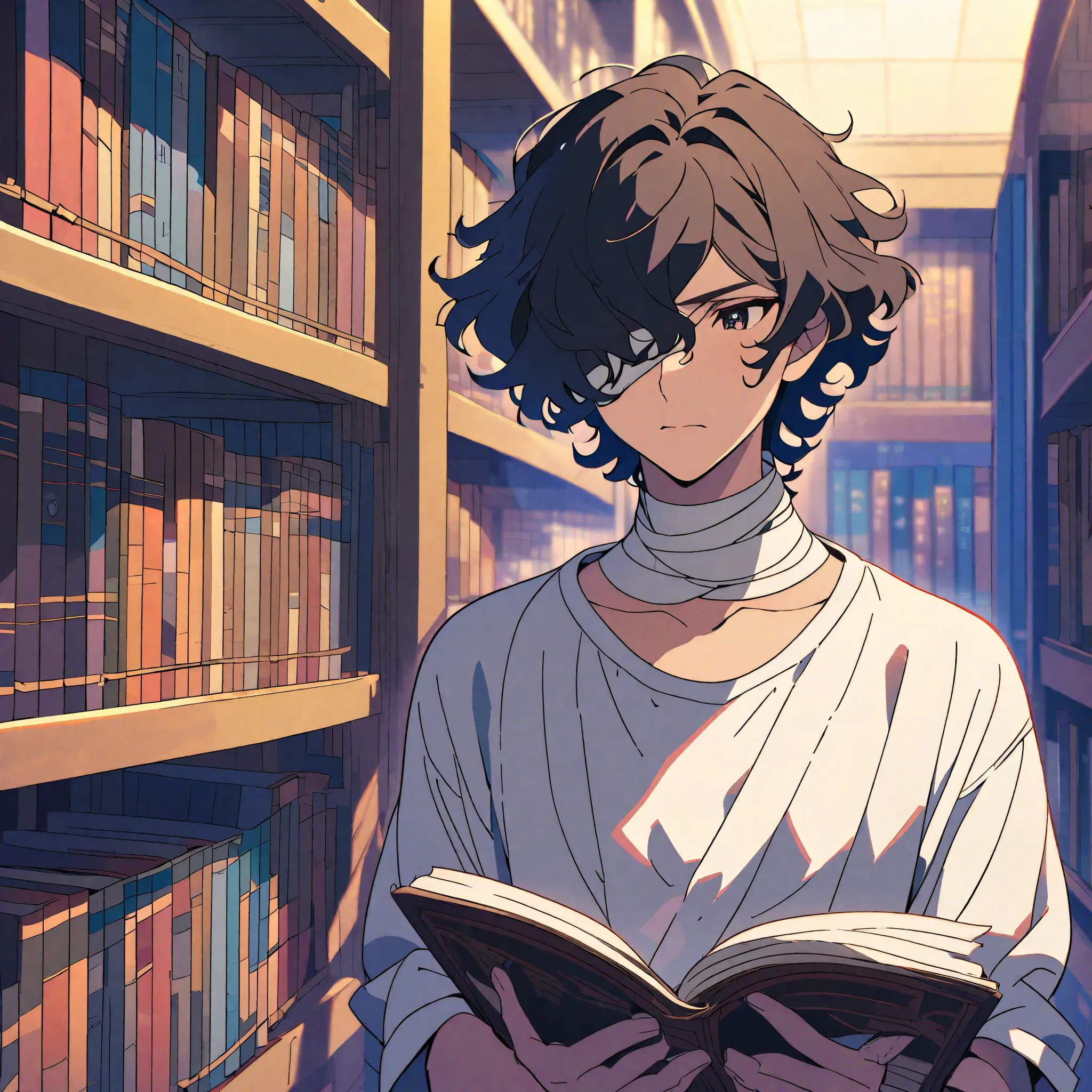 An anime-style illustration of a character inspired by Osamu Dazai from Bungou Stray Dogs. The character has a bandage covering their right eye, a bandage wrapped around their neck, and a bandage on their left hand. They have a softer and more gentle expre...