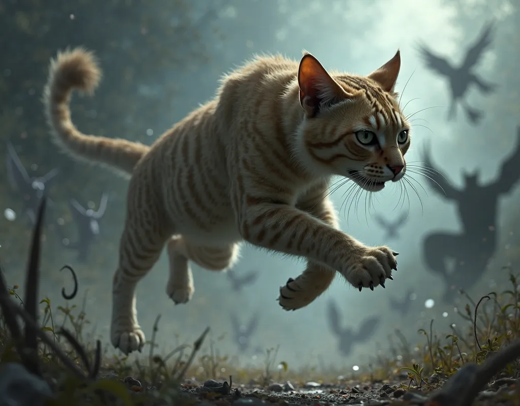 A cat jumps and trying to catch ,negative dark creatures which has flapping, bird-like wings and long, scrawny, claw-like appendages at the ends of their arms and legs. focus is on cat. Realistic.