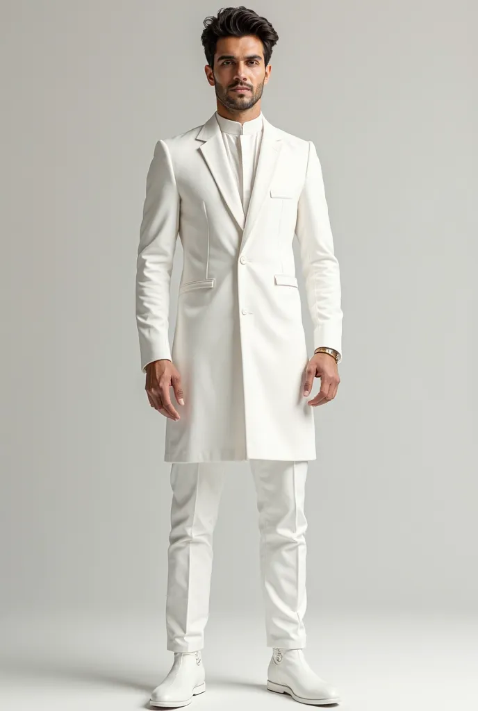 A Pakistan beautiful stylish man 20 years white skin and white velvet cotton pullover neck tight shirt and white velvet formal pant and white shining boots full outfits standing Man high quality 8k uhd upscale realistic