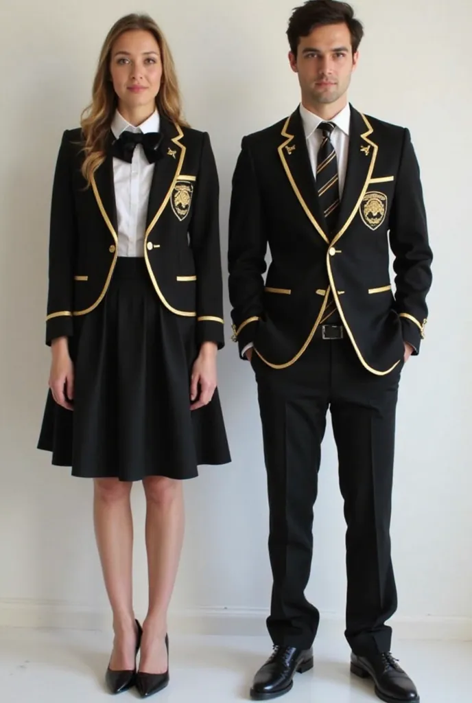 Black with gold color school uniform for men and women. Women wear a skirt and shoes with medium high heels and men wears pants and flat shoes. More gold linings. No logo. Put id. From head to toe picture. 