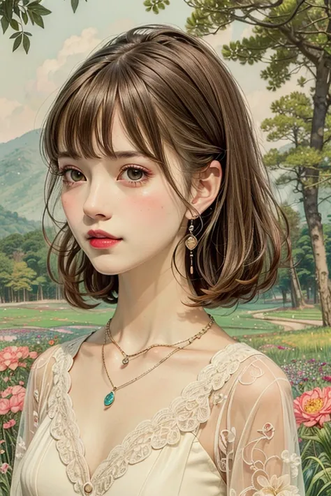 (masterpiece, Highest quality, 8k, Hi-Res), 1 young woman, beautiful face, sharp, beautiful brown eyes, pink lips, Beautiful Nose, Long brown hair, Perfect face , perfect style, smile,  best anime girl , Grassland with forest view, walk, Colorful flowers b...