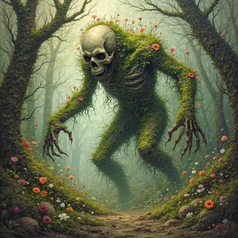 Fantasy artwork embodying intricate, organic, and grandiose features, reflecting the style from the early 20th century using oil painting technique. It illustrates a moment where a large, moss and vine-covered zombie is making its way out from the forest f...