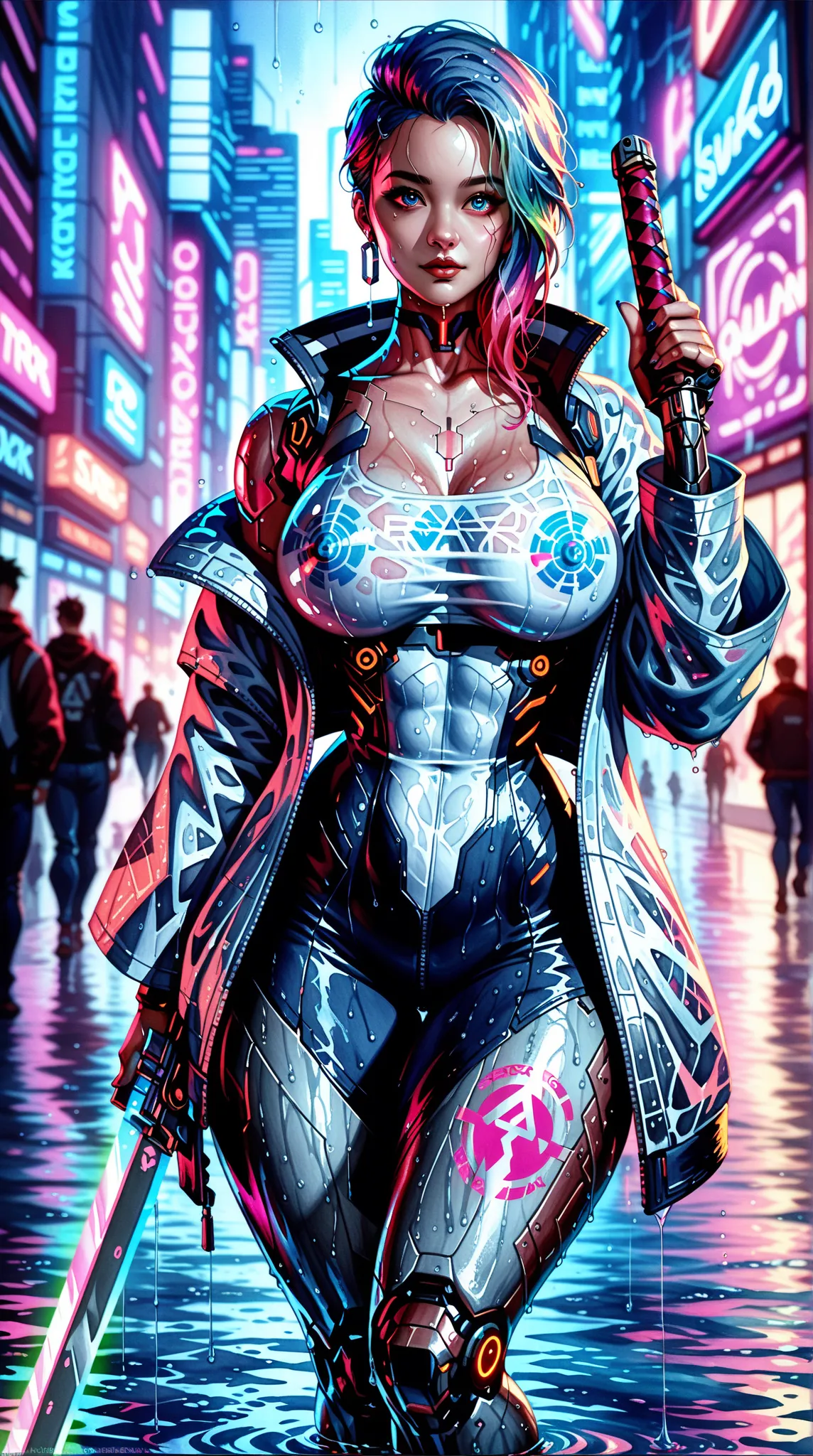 A futuristic female samurai，with holographic display and neon body communication，reflected on wet street，with cyberpunk atmosphere，Digital watercolor style， fine detail，Vivid Colors