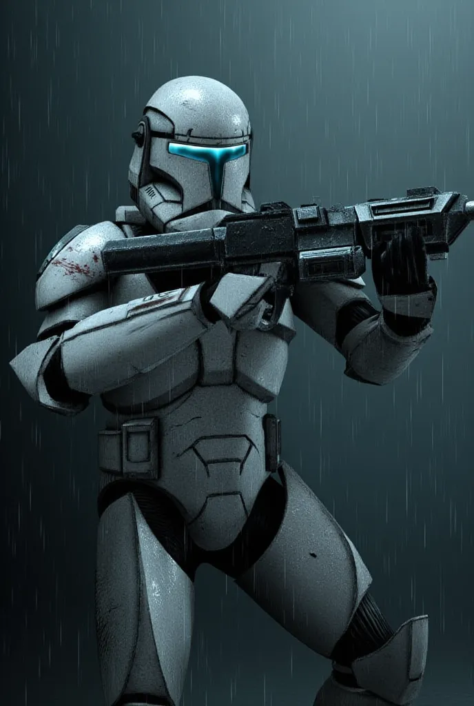 Clone soldier with a blaster,PH1clonSoldier, weapon, gun, holding weapon, armor, rifle, holding, helmet, holding gun,  raincoat,  rain, undefined gender, 