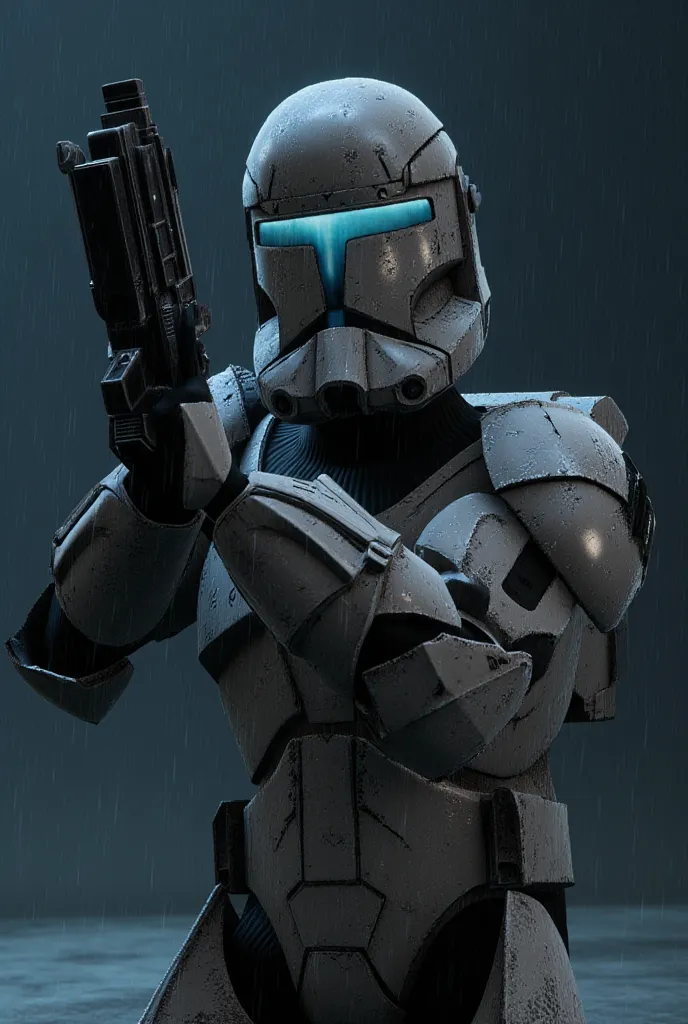 Clone soldier with a blaster,PH1clonSoldier, weapon, gun, holding weapon, armor, rifle, holding, helmet, holding gun,  raincoat,  rain, undefined gender, 