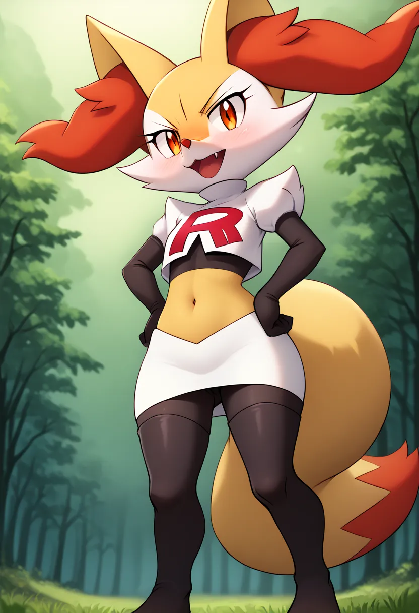 1 girl, Alone , Looking at the Spectator, blush, Open your mouth,  red eyes,  outdoor, tree, mountain, supporting, animal ears,  of foot, cola,  fang,  flat chest, orange eyes, animal ear fluff, fox ears,  Pokemon  (creature), fox cola,  fox girl,  hairy, ...