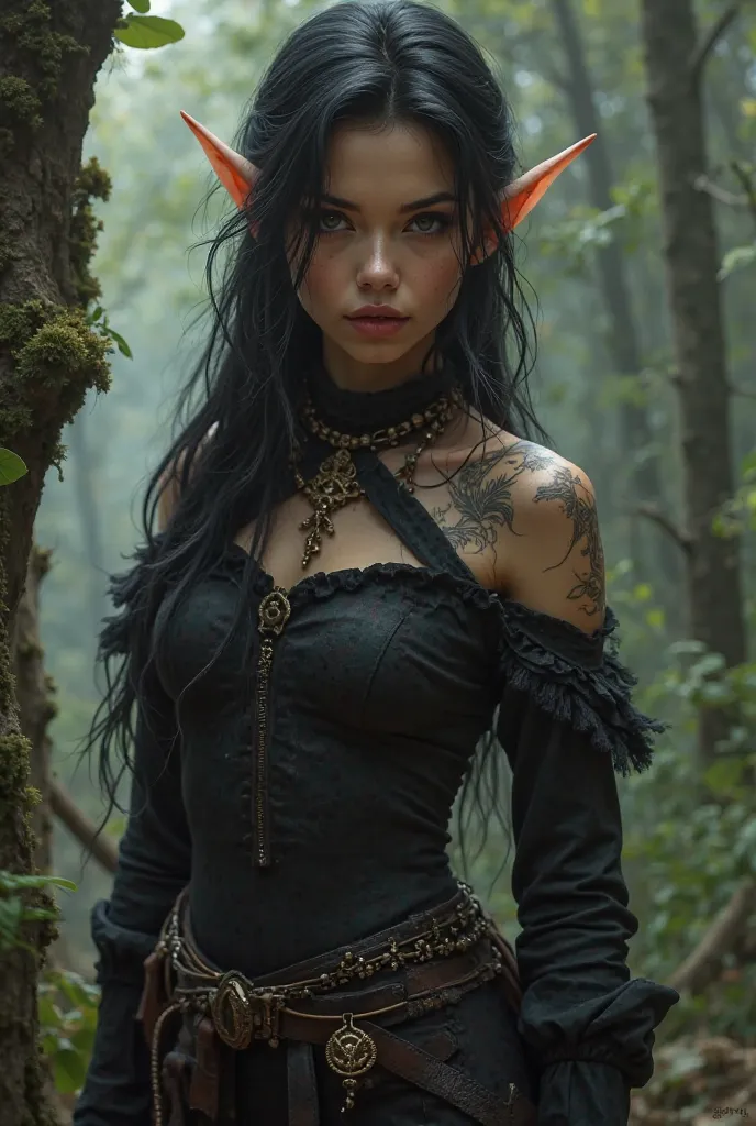 create a realistic rich HOT looking tall young women forest elf thief. thin with higly akcented curves. as a d&d character in a hot fancy looking crow themed outfit, she has loosen black hair. with some thiefs weppons. she has plain skin with no marks. may...