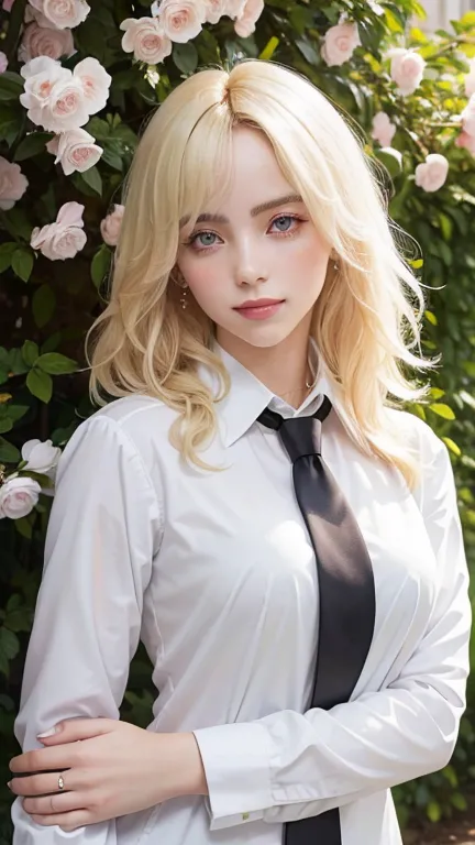 blonde,  slim ,  Beautiful, white blouse,  pants, blazer, tie