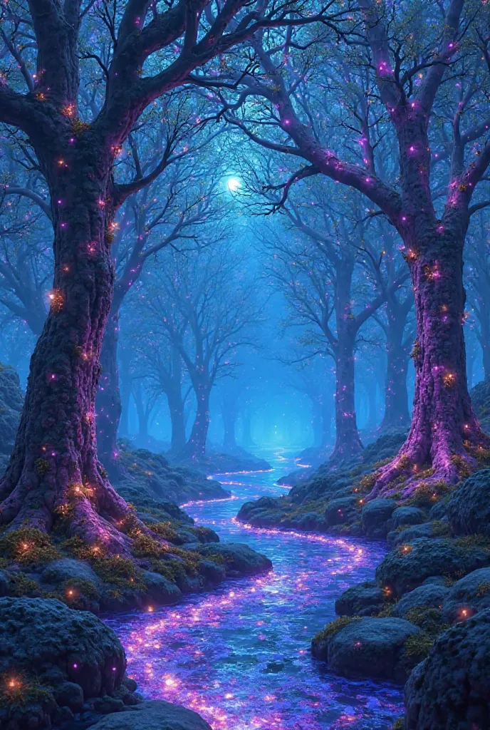 Imagine a mystical world where trees glow with neon blue and purple light, their branches stretching like veins across the sky. The ground is covered in soft, luminous moss, and rivers of liquid silver reflect the endless twilight above. Floating islands h...