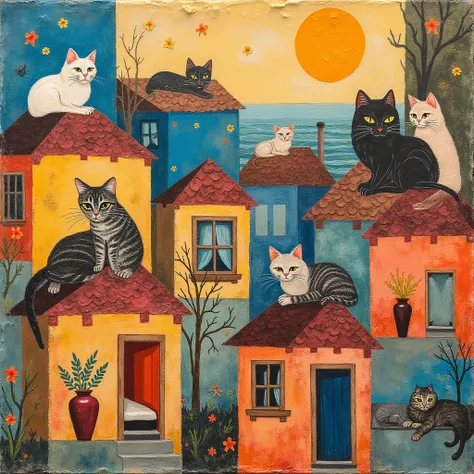 Patchwork in squares, with crumpled paper, rags. Stylized figures, hand-drawn with colored inks and bleach stains mixed with messy oil brushstrokes. Cats on the roofs of houses, on a woman's lap, hugging a woman. Cats facing windows, cats inside vases, cat...