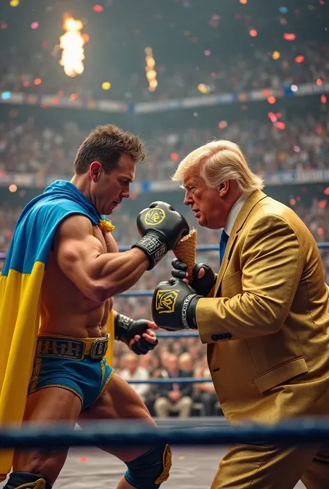 "In a dramatic wrestling showdown, Ukrainian President Volodymyr Zelenskyy and former U.S. President Donald Trump face off in a WWE-style ring. Zelenskyy, dressed as a fearless warrior with a Ukrainian flag cape, charges at Trump, who is wearing a golden s...