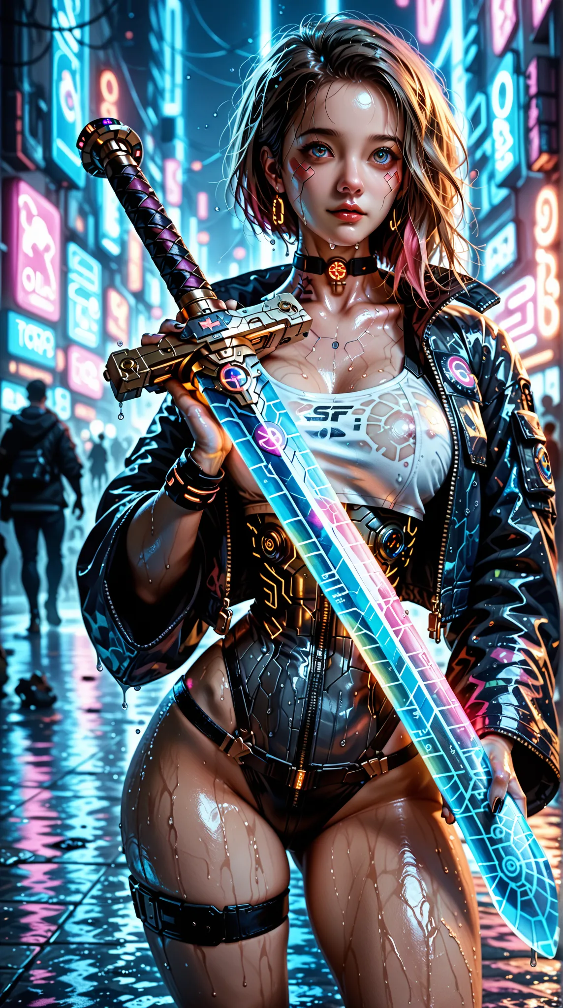 A futuristic female samurai，with holographic display and neon body communication，reflected on wet street，with cyberpunk atmosphere，Digital watercolor style， fine detail，Vivid Colors