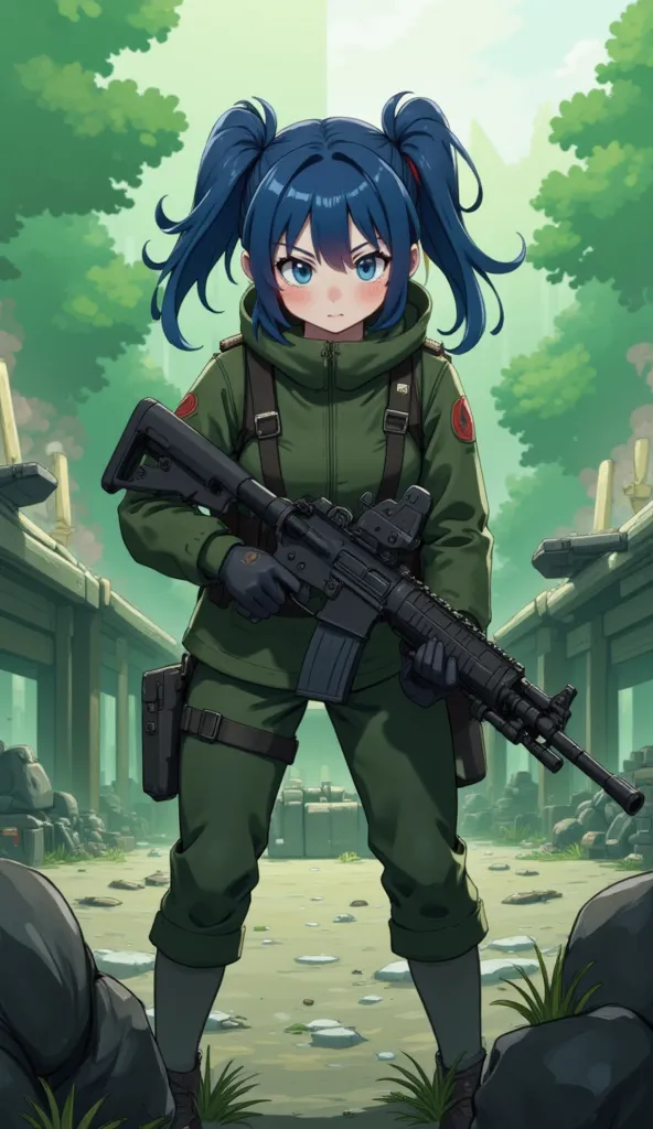 soldier, Young girl, Green set, Holding a gun,  war ,  full body , fight,  twintel hairstyle, Blue Hair