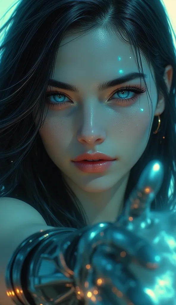 A high-resolution close-up photo of a striking woman with a cybernetic arm. Her face has a pale, metallic sheen, with glowing blue dots on her forehead and cheeks, adding an otherworldly touch. Her almond-shaped eyes gleam with a mix of amusement and chall...