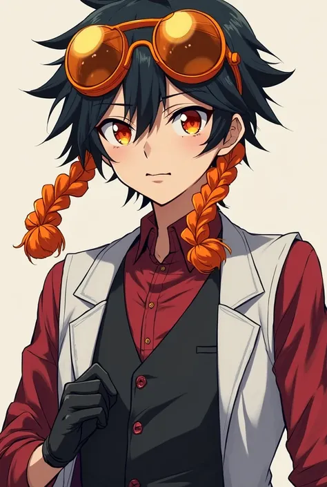 anime style poster, A very attractive and DOMINANT , AND SERIOUS looking boy with black hair with 4 orange locks,  equally orange eyes , formally dressed in a red shirt and a formal plain black vest, a white scientist-like coat without sleeves and black gl...