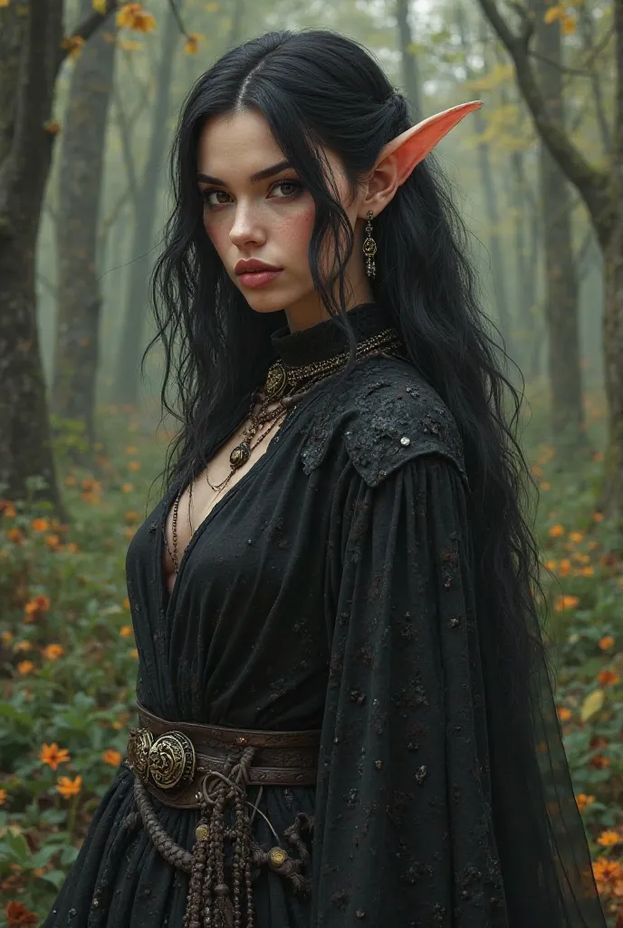 create a realistic rich HOT looking tall young women forest elf. thin with higly akcented curves. as a d&d character in a hot fancy looking crow themed outfit, she has loosen black hair. with some thiefs weppons. she has plain skin with no marks. maybe a s...