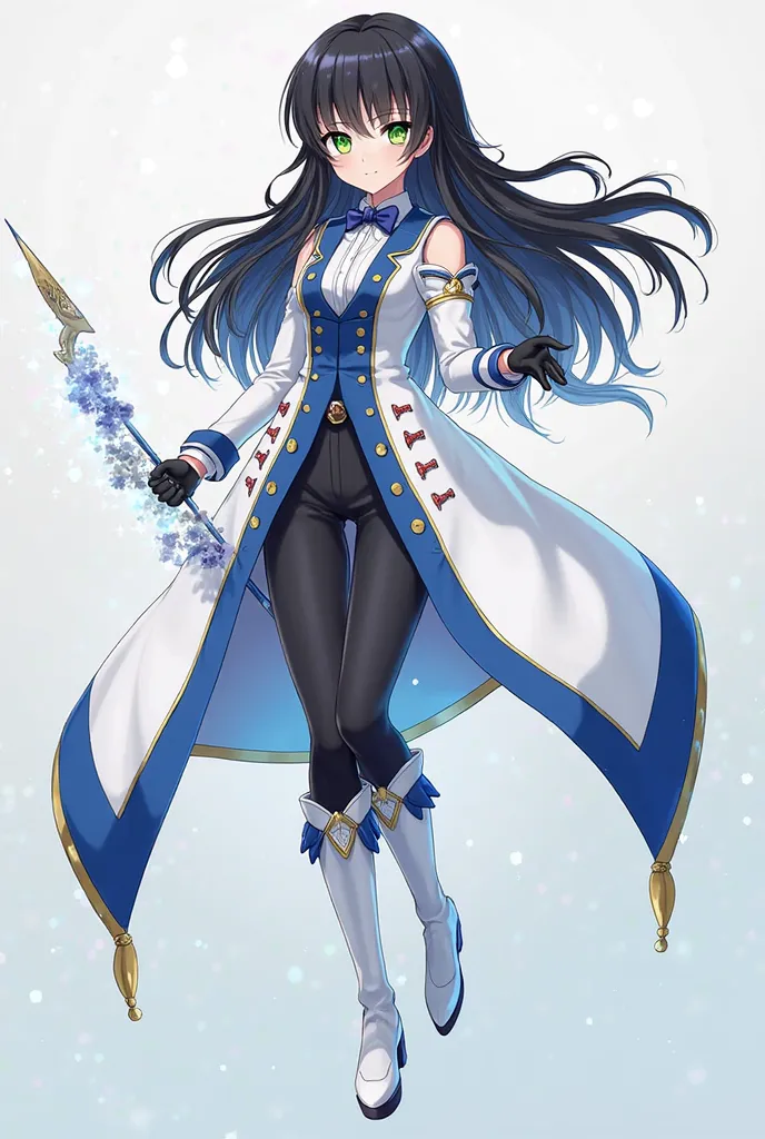 An anime styled woman with ravenblack hair. She's got green eyes. She's wearing a white and blue formal coat, with leggings, boots and gloves. She's holding a bow that appears almost translucent in her hands. 