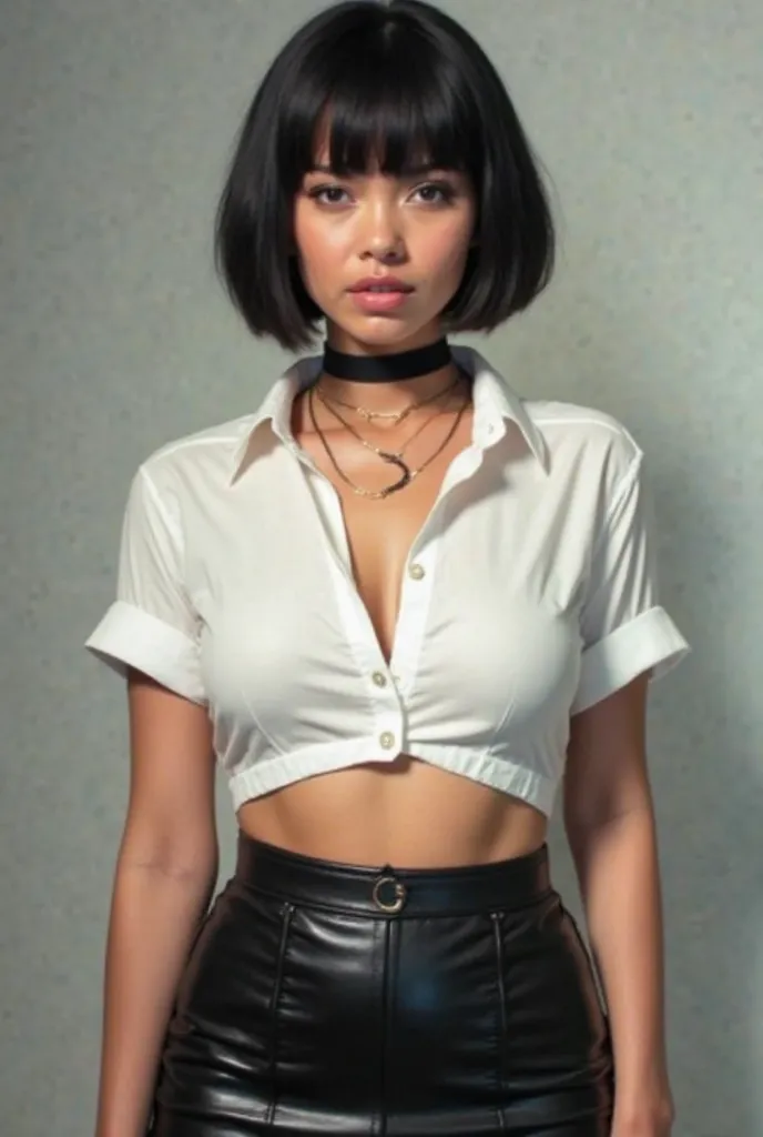 Beautiful Latin office secretary. She has short hair, smooth and black. She wears a very short white short-sleeved shirt that shows her entire abdomen. She wears a long black leather skirt that covers her legs completely. She wears a black choker necklace ...