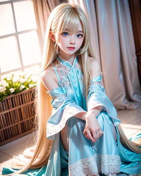 very white beautiful  white blonde girl、very beautiful pretty blonde girl with a very beautiful cute little face、beautiful beautiful bright blonde hair,Long back hair that extends to the feet、Beautiful long bangs,Beautiful bangs between the eyes,Striped bl...