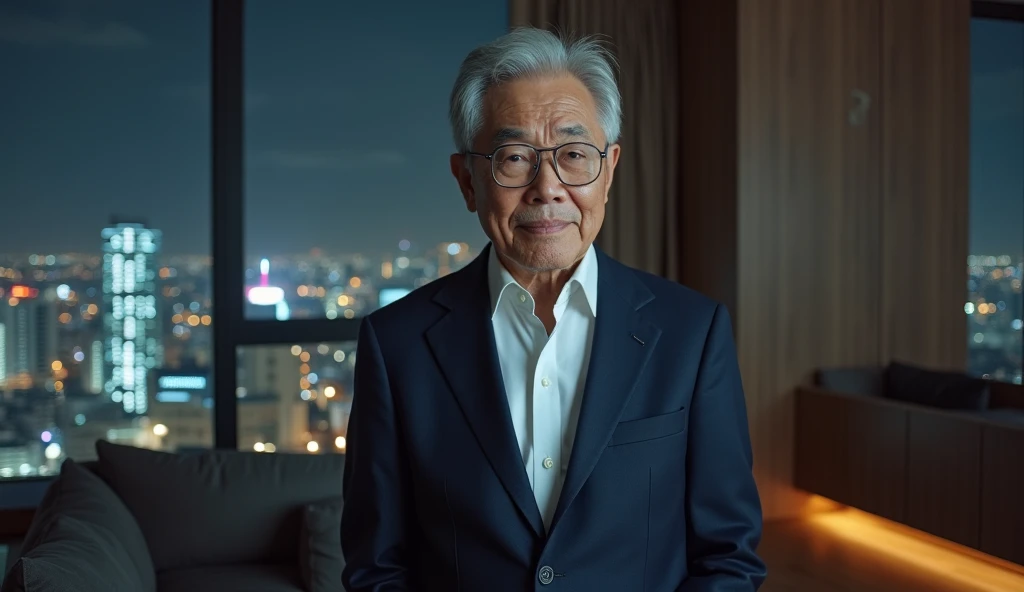 "A distinguished Korean man in his early 70s, with short silver hair and stylish glasses, exuding intelligence and wisdom. He is dressed in a tailored navy blazer over a white dress shirt, paired with well-fitted trousers. He stands in a modern, minimalist...