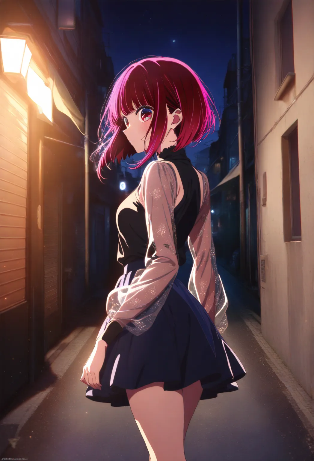 1girl, 1girl, arima kana, oshi no ko, Black shirt, sheer sleeves, fitted inner top,skirt,car back,sensitive,night time, solo, alley, looking at viewer, walking,perfect hands, perfect face, masterpiece, high score, great score, absurdres