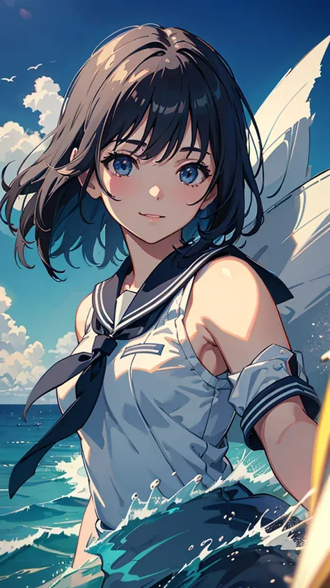 anime、masterpiece, Highest quality, Hi-Res,Smiling high school girl with short middle hair in a dark blue wave、light grey sailor suit、large grey ribbon tie、background is a clear blue sky and seaside during the daytime。
 Front bust, best quality, 4K, 8k, hi...