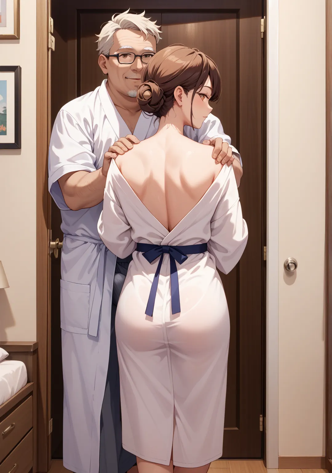 open the door,Gangbang,nsfw,,bedroom,1 girl,low bun,brown hair,brown eye,short hair,swept bangs,her eyelids heavy,,,,nsfw,fat middle age men,FATMEN ,fat old man,white bathrobe, dark,walk,bathrobe old man, expressionless, back view,erection under clothes,ha...