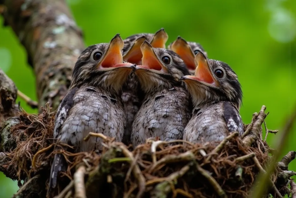 Nest with five baby birds (species: American robin, age:0.5), open mouths wide, bright orange beaks, (soft downy feathers:1.1), small bodies, clustered tightly together within a woven nest, nestled in a tree branch, (natural nest material:1.2), soft natura...