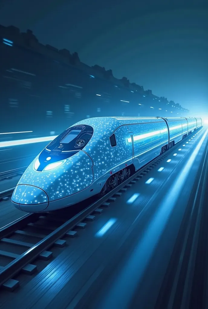 The cool blue and white light forms a high-speed rail train， Visually impactful ，Strong sense of technology