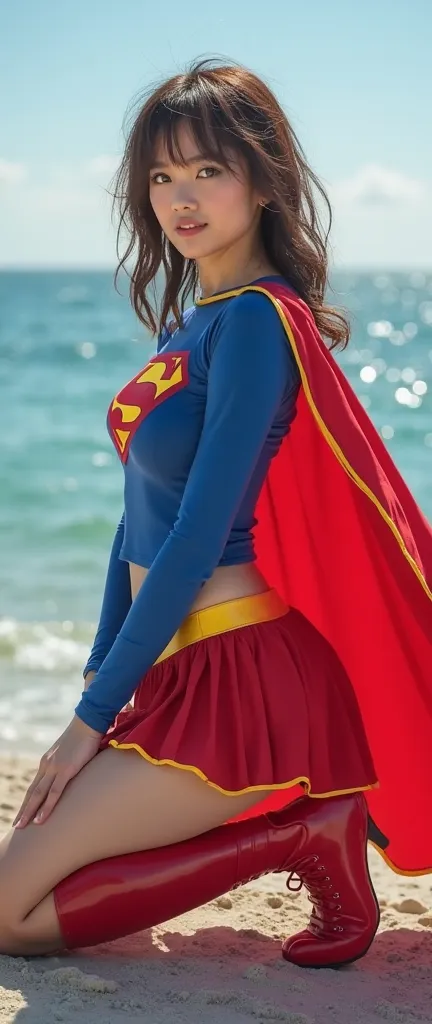   full body image of a beautiful Japanese woman in her 20s    (    Large Size  :9.8)    dreamy blue eyes  medium tousled brown hair  =TOP SUPERGIRL COSTUME,    blue leotards that brainwash men 、   Red Short Length Pleated Skirt 、Yellow Supergirl Belt  ,   ...