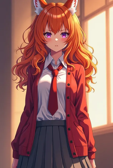 anime style poster, very attractive girl with pretty VERY curly and orange hair with white tufts, purple eyes shirt,  with black skin /dark, Represent the colors orange, a girl with a serious face,  impressive, that is seen from head to toe, school uniform...