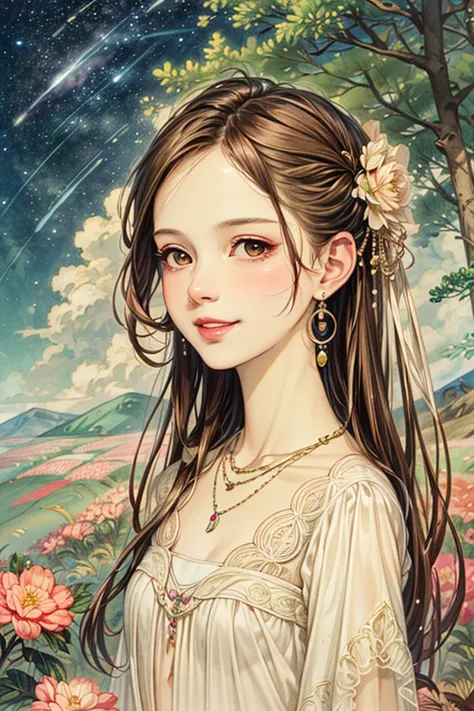 (masterpiece, Highest quality, 8k, Hi-Res), 1 young woman, beautiful face, sharp, beautiful brown eyes, pink lips, Beautiful Nose, Long brown hair, Perfect face , perfect style, smile,  best anime girl , Grassland with forest view, walk, Colorful flowers b...