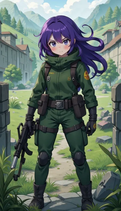 soldier, Young girl, Green set, Holding a gun,  war ,  full body , fight, Long release hairstyle , purple hair