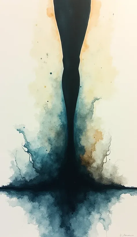 A surreal watercolor scene with deep, sinking colors. A shadowy leg-like form merging into the ground, as if dissolving into the earth. A mix of dark blues and browns spreading outward like ink in water.