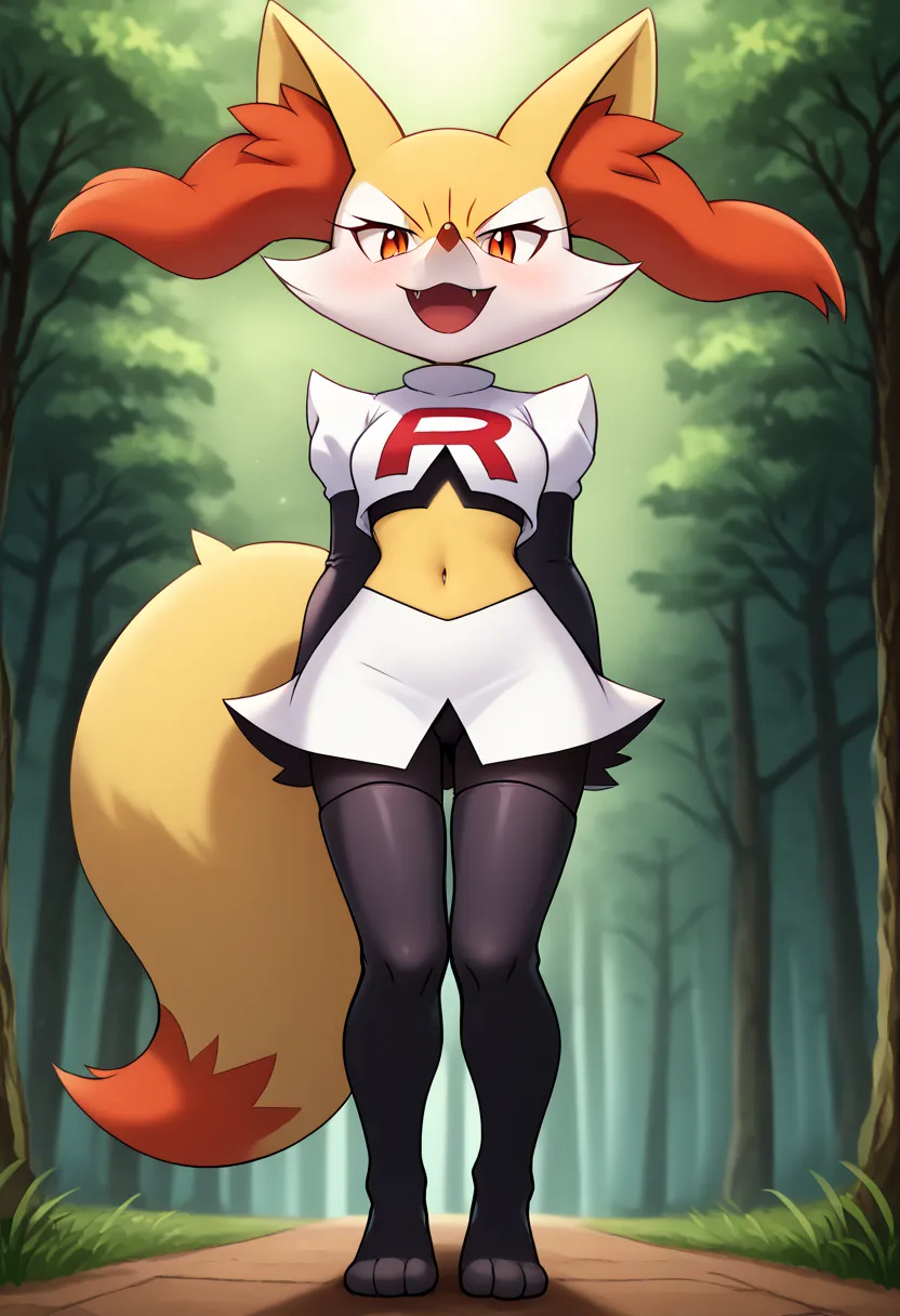 1 girl, Alone , Looking at the Spectator, blush, Open your mouth,  red eyes,  outdoor, tree, mountain, supporting, animal ears,  of foot, cola,  fang,  flat chest, orange eyes, animal ear fluff, fox ears,  Pokemon  (creature), fox cola,  fox girl,  hairy, ...