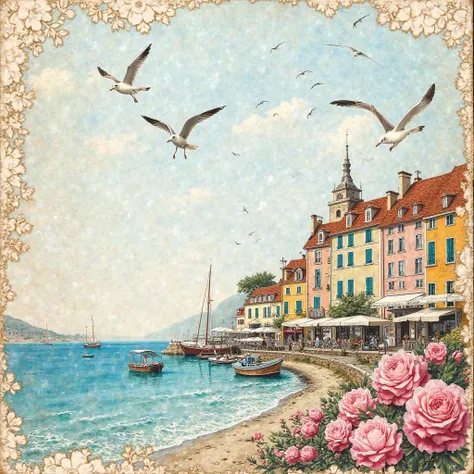 French flower market themed paper, Mixed media collage with vintage art illustration. Close-up, a charming coastal village scene, with colorful houses, various pink flowers and fishing boats.  Seagulls are soaring overhead. antique typography, watercolor w...