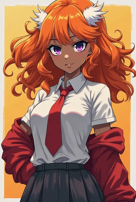 anime style poster, very attractive girl with pretty VERY curly and orange hair with white tufts, purple eyes shirt,  with black skin /dark, Represent the colors orange, a girl with a serious face,  impressive, that is seen from head to toe, school uniform...