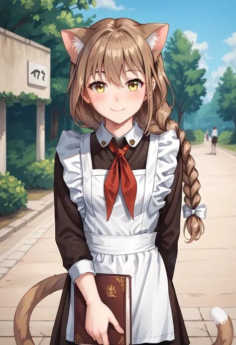  Create an image of  an anime girl, 19 years old, {(cat ears, cat tail, hair between eyes, bow, single braid, long hair, yellow eyes, brown hair, blush , smile outdoors, ,holding_book perfect anatomy,,long hair,look at looking at viewer,(white apron:1.1),r...