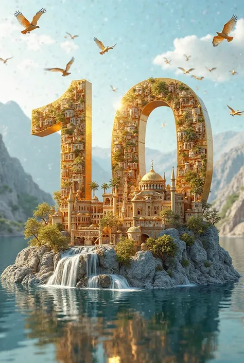 A 3D rendering of the name '10' in large, transparent letters, the majestic Suleyman Mountain, the Hagia Sophia Mosque-Maiden's Castle (Baku) around the small city, the Budapest Parliament Building-Mostar Bridge, Registan Square (Samarkand), Kyrenia Castle...