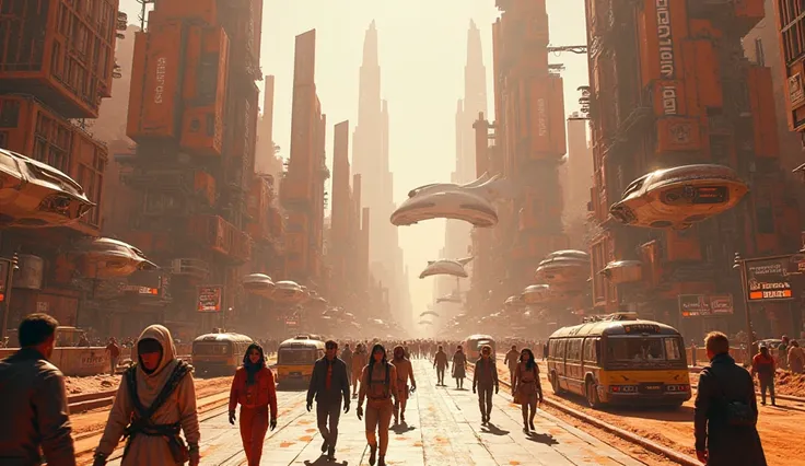 A close shot of modern Martian city street, people are walking on the side walk, delivery vans and cars on the road. A cinematic and realistic shot 