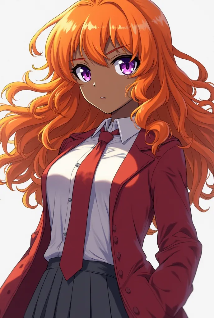 anime style poster, very attractive girl with pretty VERY curly and orange hair, purple eyes shirt,  with black skin /dark, Represent the colors orange, a girl with a serious face,  impressive, that is seen from head to toe, school uniform, a white school ...