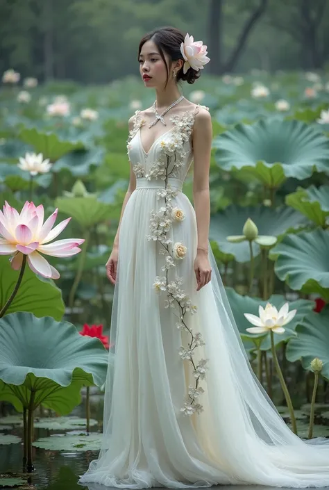 a woman in an elegant, flowing white gown adorned with floral designs. She is standing in a serene environment surrounded by large lotus flowers in various colors, including white and red, along with broad green leaves. The setting resembles a tranquil gar...