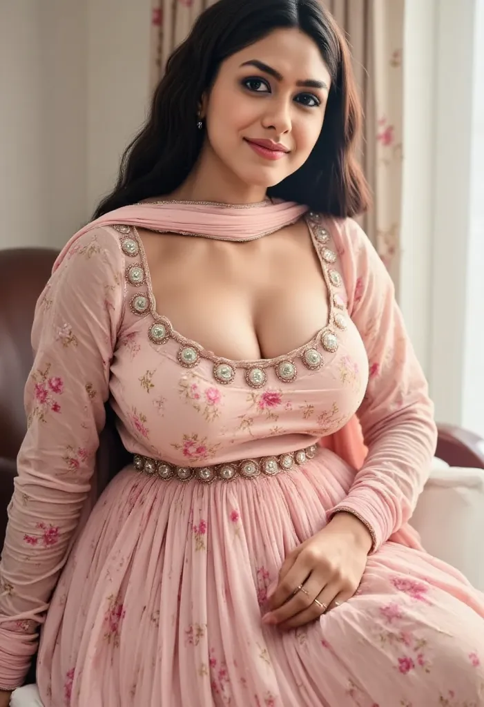 photo of hourglass figure, white skin Mature Indian mrunal thakur , wearing saree purple showing her large U cut Cleavage and navel wupt her waist and hip, Red Sindoor on her forehead, , long silky hair, nice curves, sitting on her bed , sensual, erotic, s...