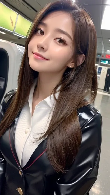 ((Highest quality, 8k, masterpiece: 1.3)), concentrated: 1.2,  perfect beauty : 1.6, : 1.3, ((Straight hair style), (Red Air Asia Flight Attendant Latex Uniforms: 1.1), ( evening, Airport Boarding Bridge), highly detailed facial and skin textures, Narrow e...